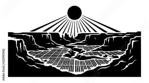 Minimalist Woodcut Style Canyon Landscape with Radiant Sun and Valley Grid
