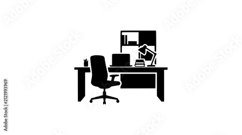 Office Desk Silhouette Workspace with Laptop and Chair