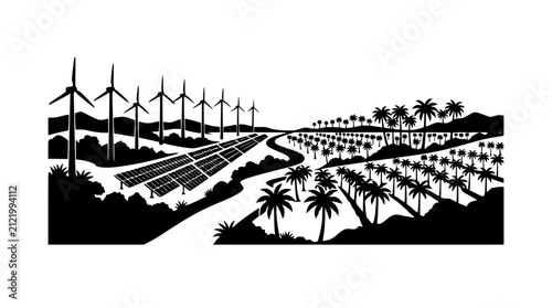 Sustainable renewable energy landscape with wind turbines solar panels and palm trees