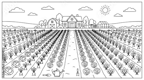 Vegetable farm landscape coloring page for kids with barn and farmers