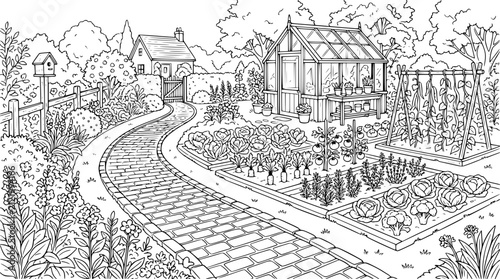 Vegetable Garden and Greenhouse Coloring Page for Adults and Kids