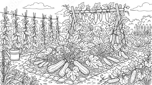 Vegetable Garden Coloring Page with Zucchini and Cucumber Plants