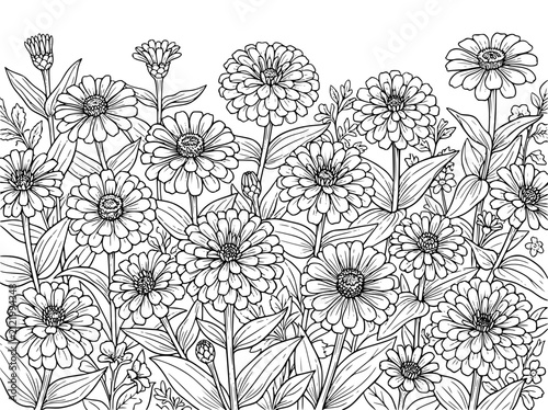 Zinnia Flower Garden Coloring Page Hand Drawn Line Art