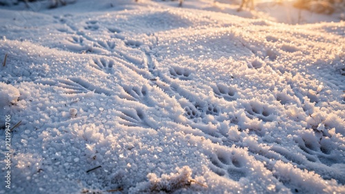 Intricate Frost Patterns on a Sandy Beach at Sunrise.