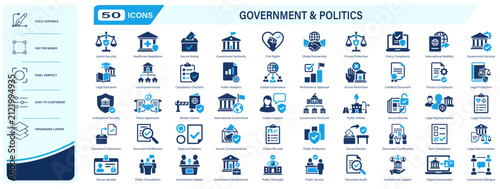Government and politics solid icon set. Public administration building, legal voting election, justice law security, civil rights protection, state authority. Fully editable. Vector illustration
