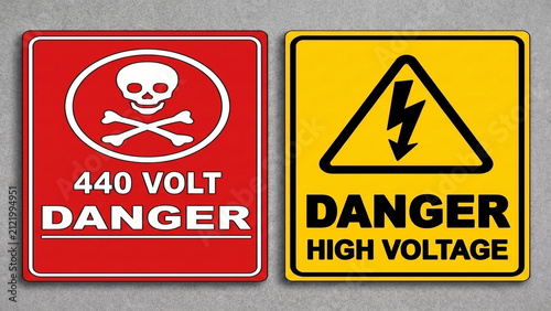 Obraz na płótnie Two warning signs featuring high voltage danger symbols on gray surfaces