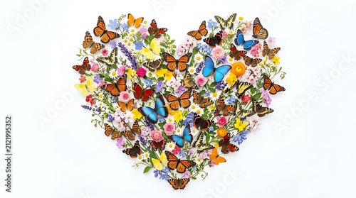 Heart Shape of Colorful Butterflies and Fresh Flowers on White Background