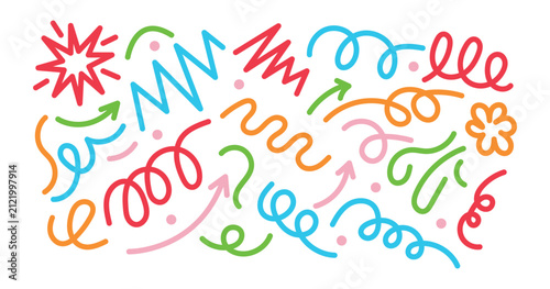 A collection of colorful hand drawn doodle elements including various squiggles arrows and abstract shapes on white background