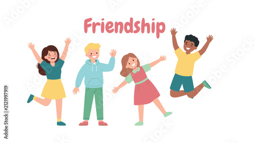 Happy diverse children group celebrating friendship day vector illustration with cute jumping kids text typography graphic design element