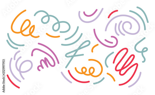 Abstract background with hand drawn colorful swirls and messy doodle lines on a clean white backdrop