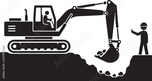Excavator digging a trench with a construction worker supervising simple black and white vector illustration for industry and building concepts