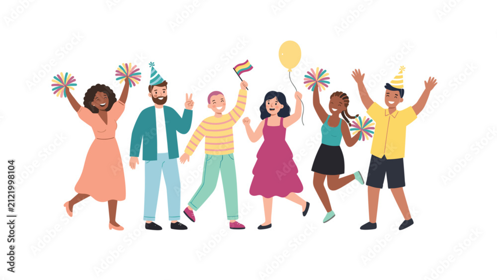 Obraz premium Diverse group of happy people celebrating a party with pride flag balloons hats and pom poms vector illustration