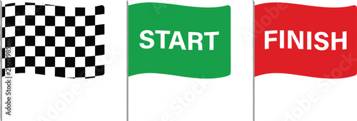 Racing flags set with checkered patterns green start text and red finish banner graphic for motorsport competition events