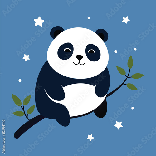 Cute panda eating bamboo under stars