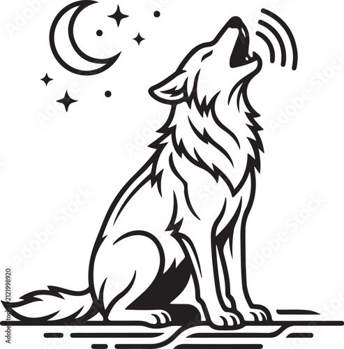 Howling wolf vector illustration, wild coyote silhouette under crescent moon and stars, black and white animal line art for outdoor branding
