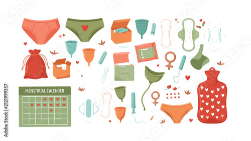 Cuadro en lienzo Menstrual cycle care vector set with sanitary pads, tampons, menstrual cups, period underwear, tracking calendar, and hot water bottle illustrations