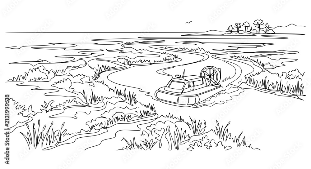 Obraz premium Hovercraft navigating a winding river through a marshland landscape, line art illustration.
