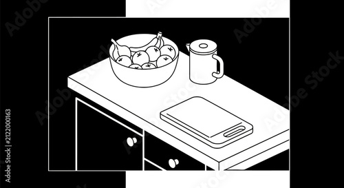 Isometric kitchen counter line art with fruit bowl and pitcher
