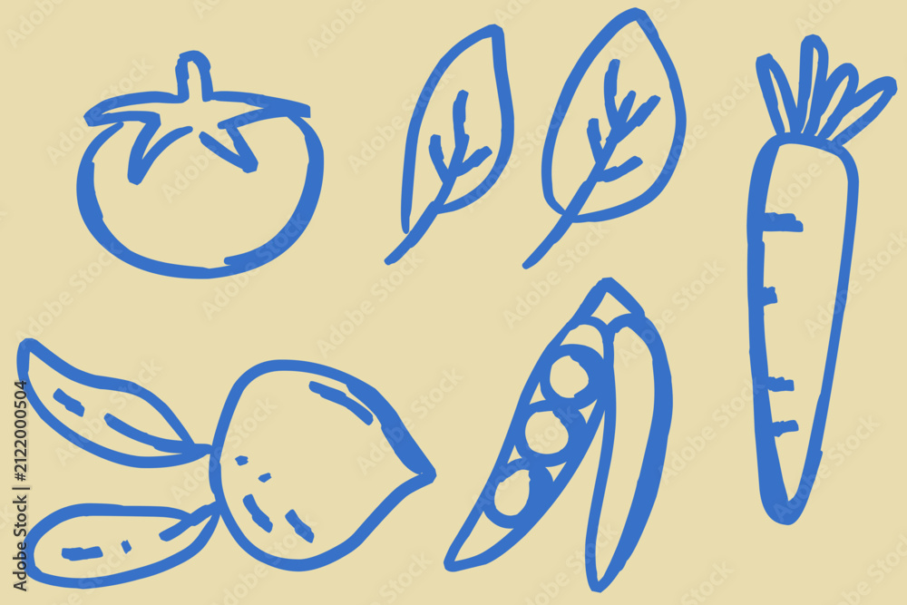 Obraz premium Hand-drawn doodle vegetables vector set including tomato, carrot, peas, turnip, and leaves in blue and cream sketch style