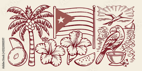 Konstfotografi Puerto Rican Flag With Tropical Flora And Fauna Vector Illustration
