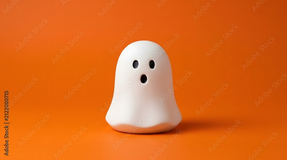 Fototapeta premium A cute little white ghost figurine isolated on a bright orange background for a happy halloween celebration