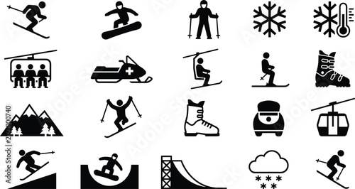 Winter resort skiing and snowboarding glyph icons set featuring ski lifts cable cars mountain resort equipment vector elements