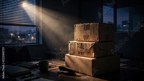 Mysterious Stack of Cardboard Boxes in Dimly Lit Room with Dramatic Light Rays.