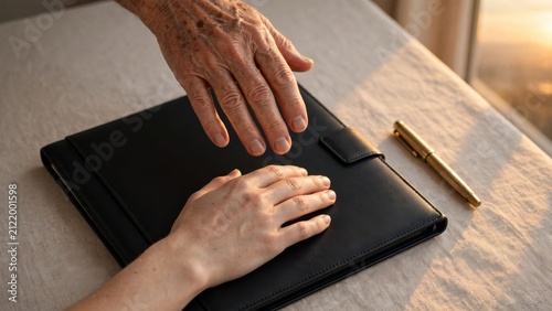 Two Hands on a Black Leather Portfolio with a Pen.