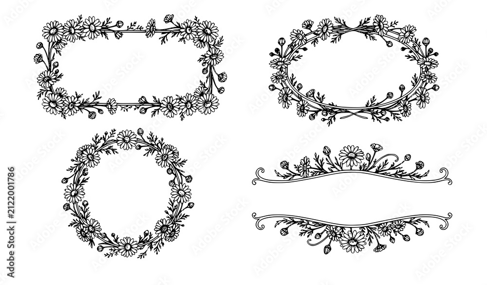 Fototapeta premium Title: Hand Drawn Daisy Flower Frame Line Art Vector with Botanical Sketch Outline Banner Set