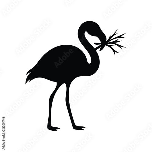 Ostrich Silhouette with Grass in Beak Vector Icon Black Bird Wildlife Clipart Isolated.