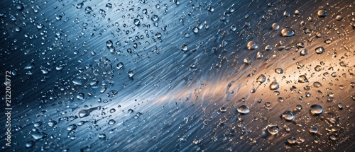 Close-up of water droplets on a textured metallic surface with a gradient of blue to orange light.