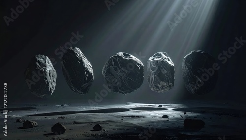 Dramatic floating rocks in space under atmospheric light rays.