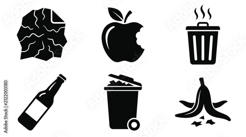 Set of black waste management and recycling icons featuring crumpled paper bitten apple dustbin