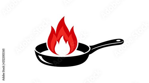 Black skillet icon with burning red flame for restaurant menu, cooking school logo, culinary