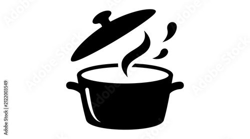 Black cooking pot icon with rising steam and lifted lid for kitchen signage, menu labels