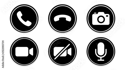 Set of six black and white communication icons including phone camera and video call for user