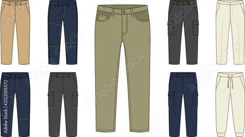 фотографія Men casual pants apparel vector illustration set showing diverse styles includin