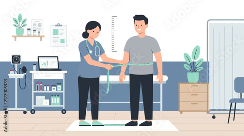 Doctor measuring patient's waist circumference for health checkup