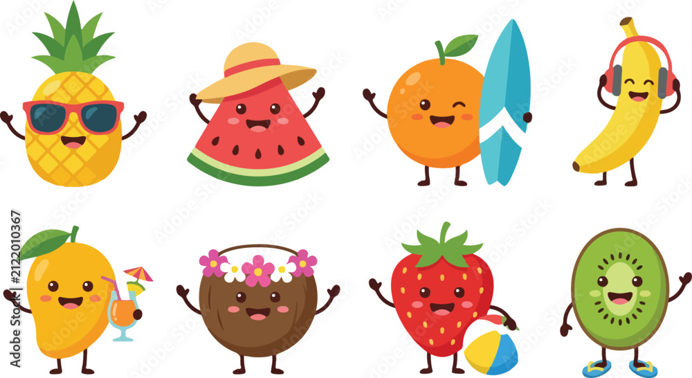 Fototapeta premium Cute tropical fruit character vector illustration set featuring summer accessories and beach fun in colorful cartoon style