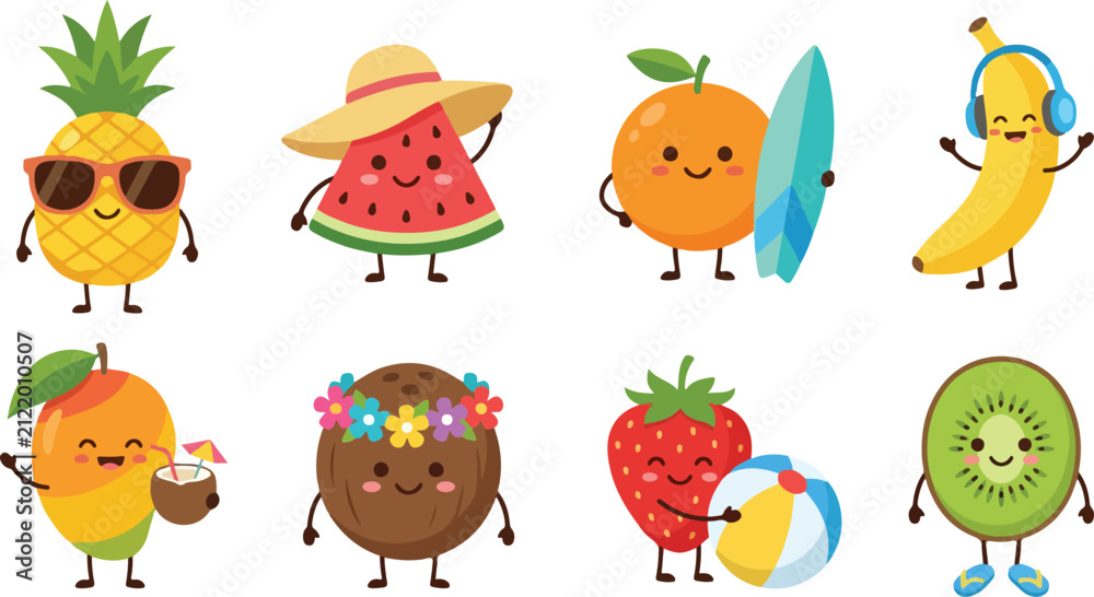 Fototapeta premium Cute tropical fruit character vector illustration set featuring summer accessories and beach fun in colorful cartoon style