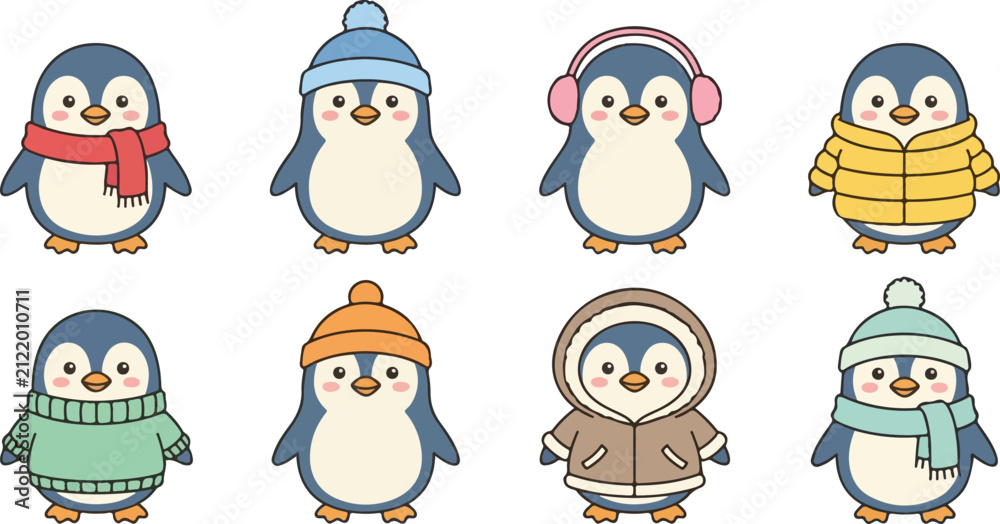 Obraz premium Cute winter penguin vector illustration set featuring scarves, hats, and jackets in cozy cartoon flat style