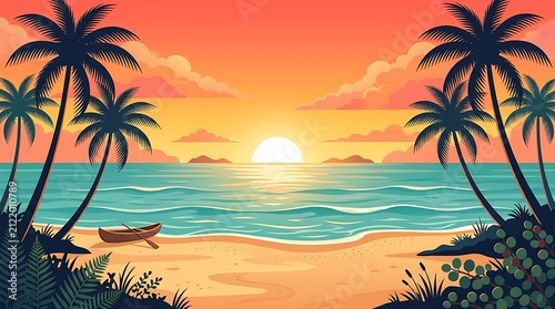 Tropical beach sunset with palm trees and boat. Serene coastal paradise featuring golden hour ocean waves and island escape.