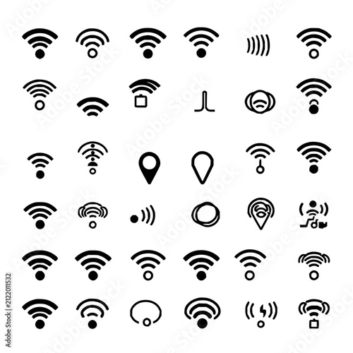 Foto Collection of 20 different Wi-Fi and signal icons arranged in a 4x5 grid on a white background, rendered in a minimalist black and white vector illustration style