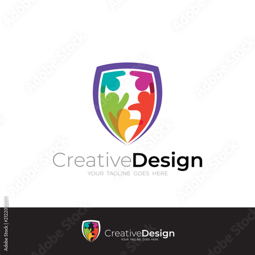 Shield logo and people care design combination, Human security logo
