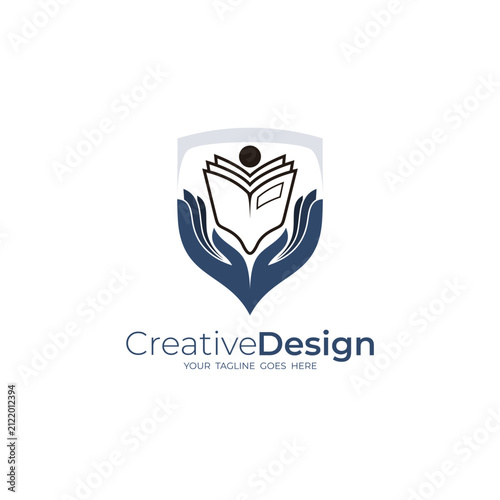 Education logo with shield design template, hand logo and book icons