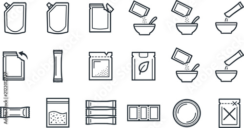 Minimalist black food packaging icons set illustrating sachet product design elements on transparent background
