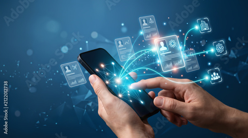 Recruitment and hiring technology concept with hands holding a smartphone displaying digital talent profiles and career networking icons for modern workforce employment and HR management strategy.