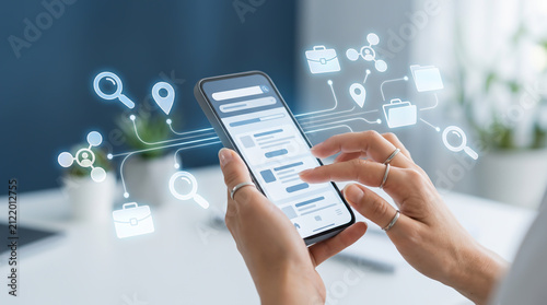 Recruitment and hiring technology concept with person using smartphone for online job search and career development in the modern workforce talent acquisition and employment market.