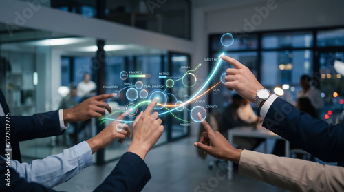 Professional business team analyzing recruitment data and hiring trends on digital interface for career growth and workforce development in modern office with talent management analytics and success.