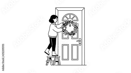 A woman standing on a small step stool hanging a festive wreath on a front door.